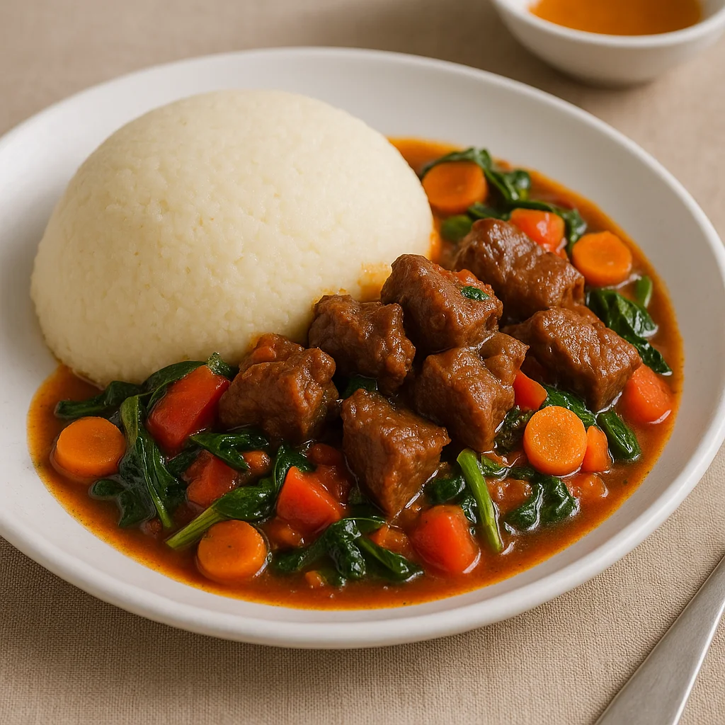 Угали с тушёной говядиной и овощами