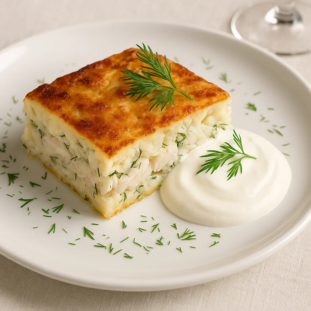 Рыбная запеканка с укропом и сметаной