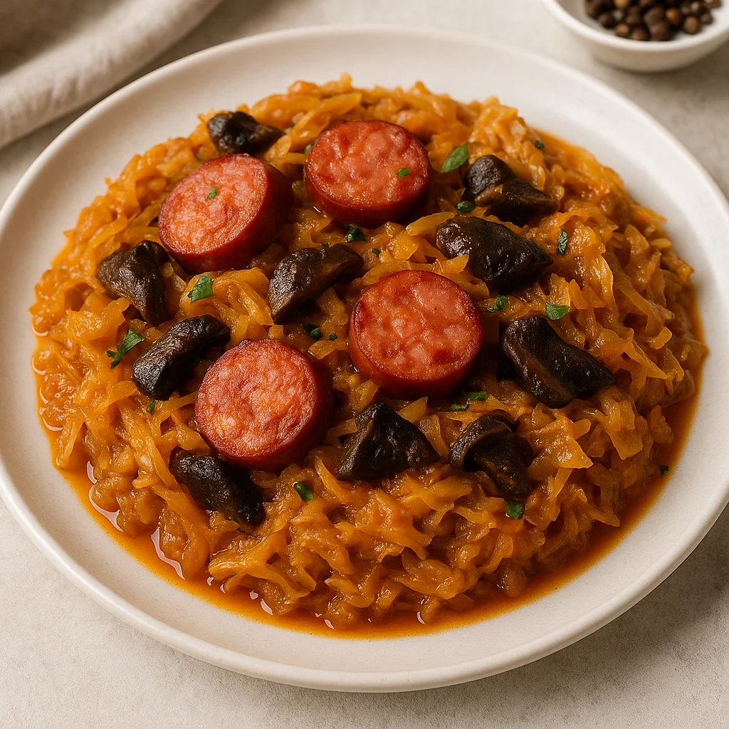 Капуста по-польски с грибами и копчёной колбасой