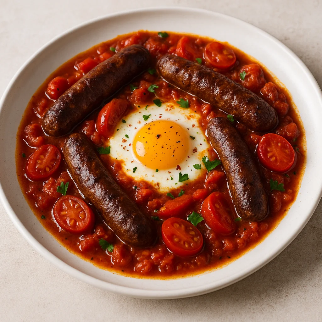 Шакшука с мергезом и помидорами