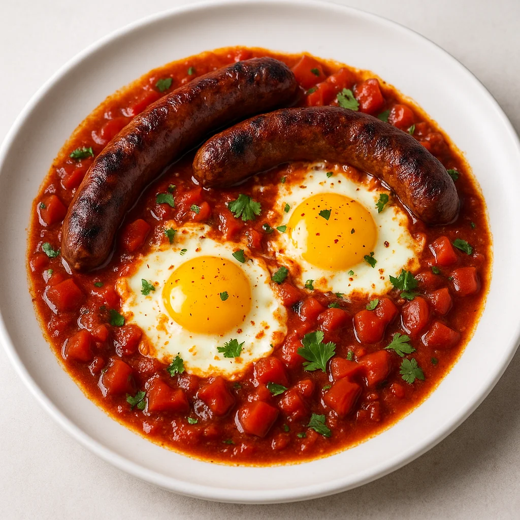 Шакшука с мергезом и помидорами