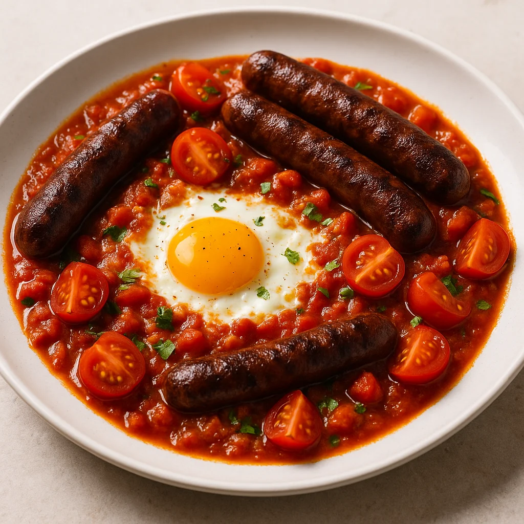Шакшука с мергезом и помидорами