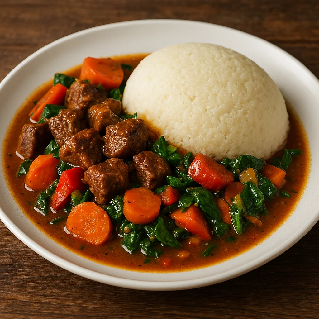 Угали с тушёной говядиной и овощами
